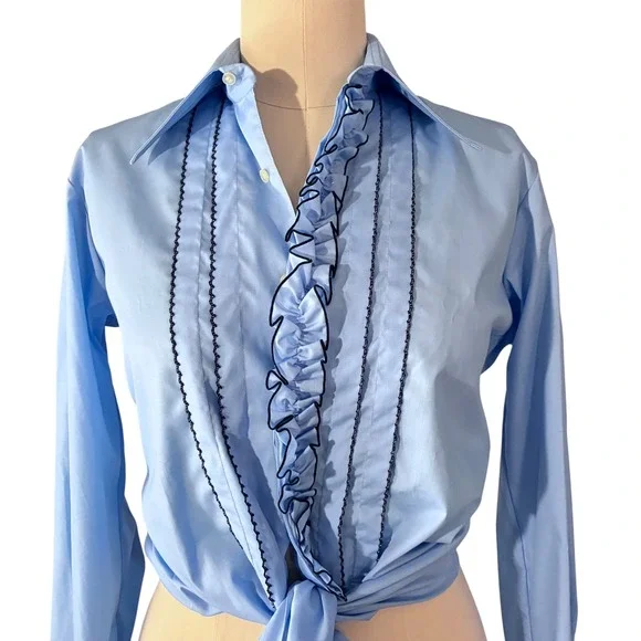 Vintage 1970s After Six Ruffled Light Blue Unisex Vampirecore Shirt - Picture 5 of 7